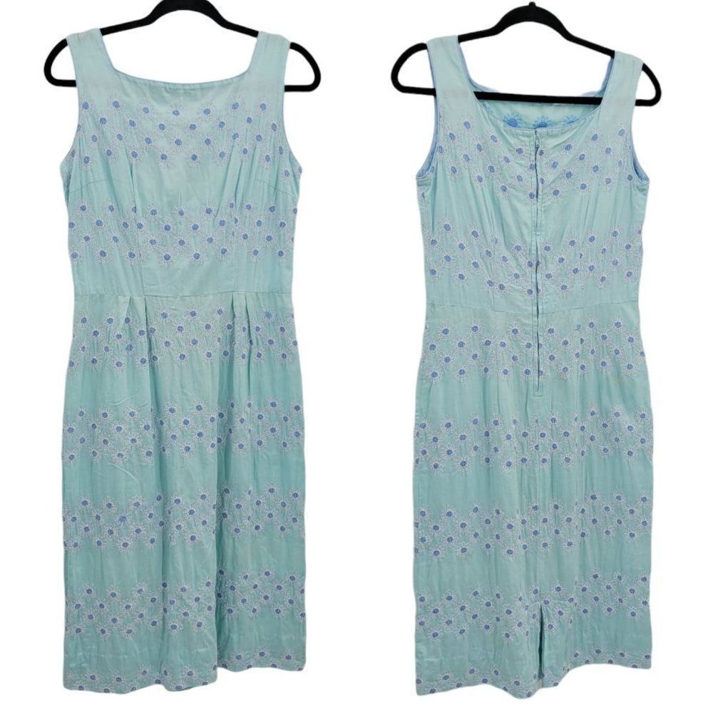 Vtg 60's Dress Hostess Sleeveless Pastel Blue Embroidered Floral Scoop Midi Sz S